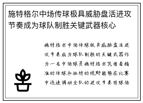 施特格尔中场传球极具威胁盘活进攻节奏成为球队制胜关键武器核心 施特格尔中场传球极具威胁盘活进攻节奏成为球队制胜关键武器核心