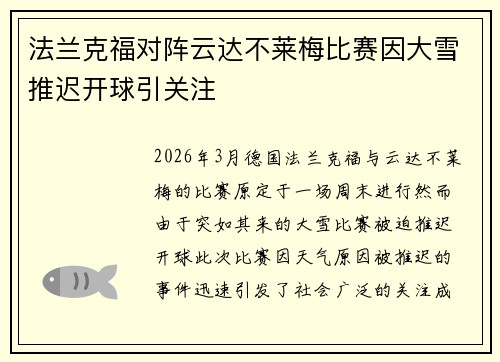 法兰克福对阵云达不莱梅比赛因大雪推迟开球引关注